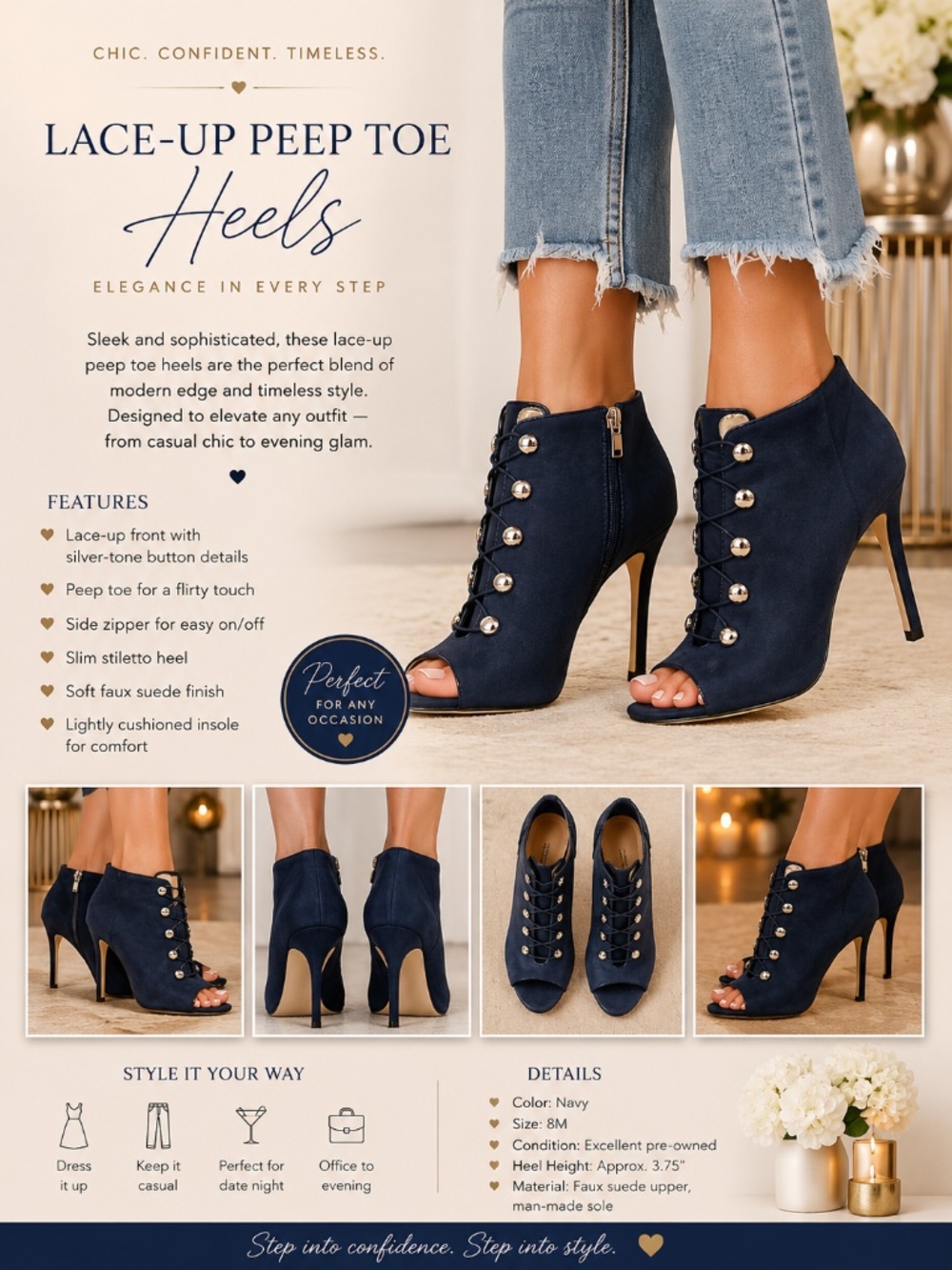 White House Black Market Navy Lace-Up Peep Toe Stiletto Heels Size 8M